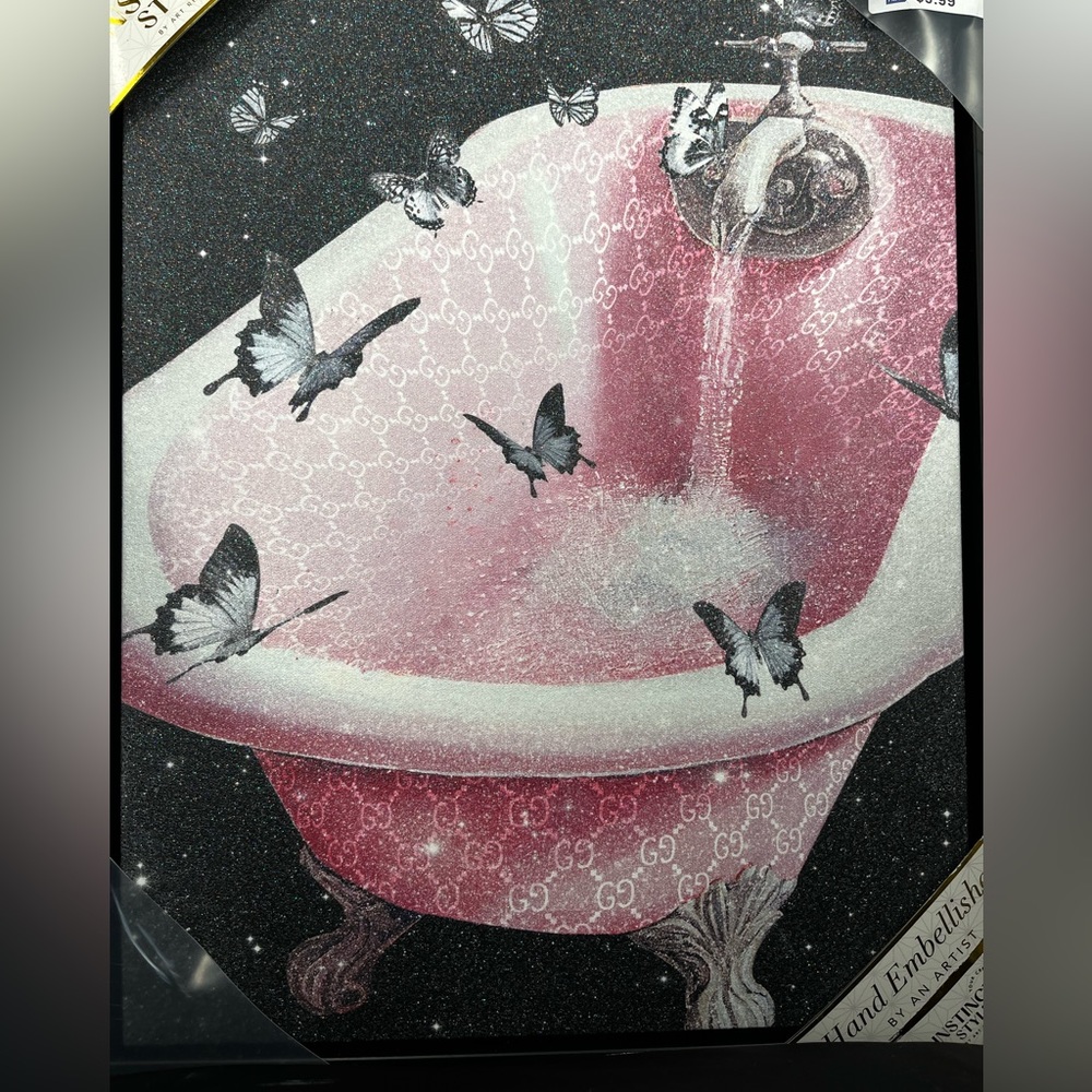 NWT 11x14 G U C C I Designer Sparkly Print Pink Bathtub w/ Butterflies 3D Canvas